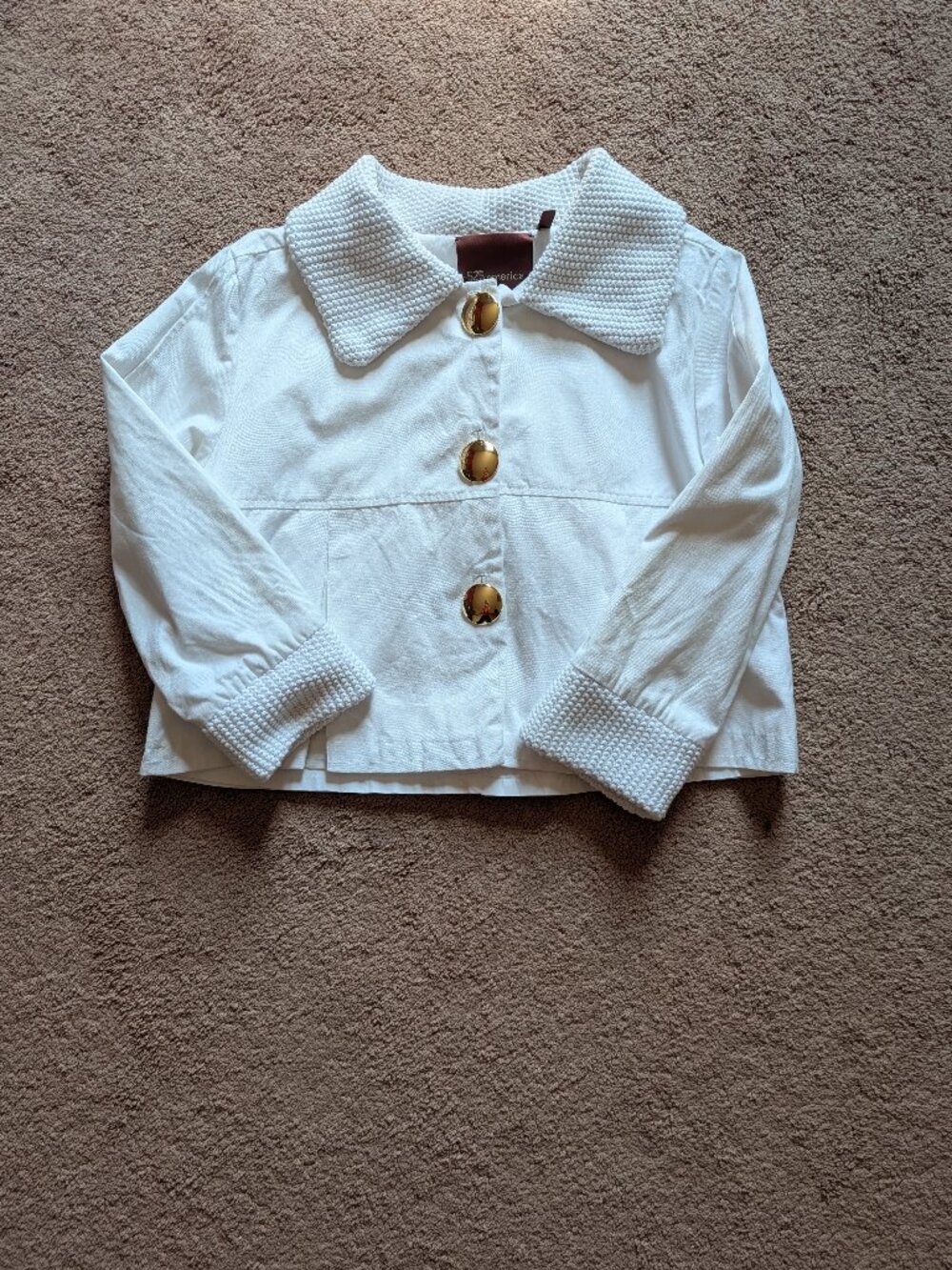 525 America Cotton White Capelet Jacket with Textured Collar and Gold Buttons